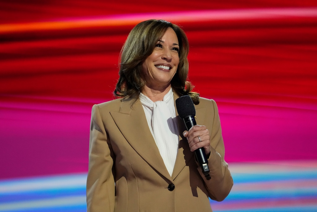 Democratic presidential nominee Vice President Kamala Harris speaks during the Democratic National Convention Monday, Aug. 19, 2024, in Chicago. (AP Photo/Paul Sancya)
