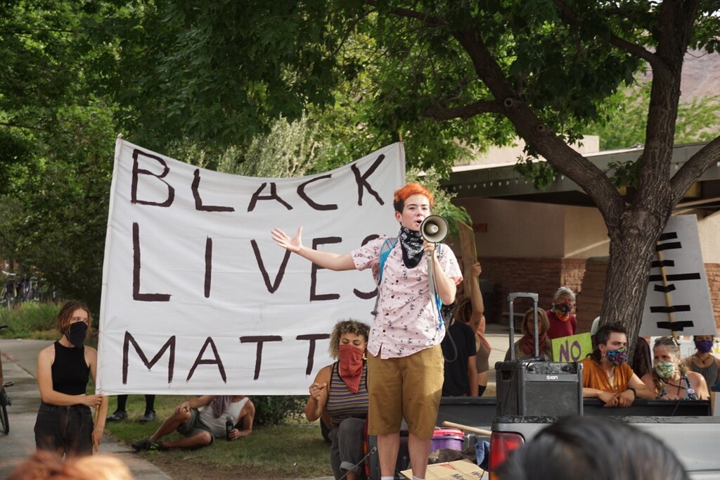 (Zak Podmore | The Salt Lake Tribune)  Sixteen-year-old organizer Ash Howe speaks through a megaphone at the Moab protest against racism and police brutality on Friday, June 5, 2020.