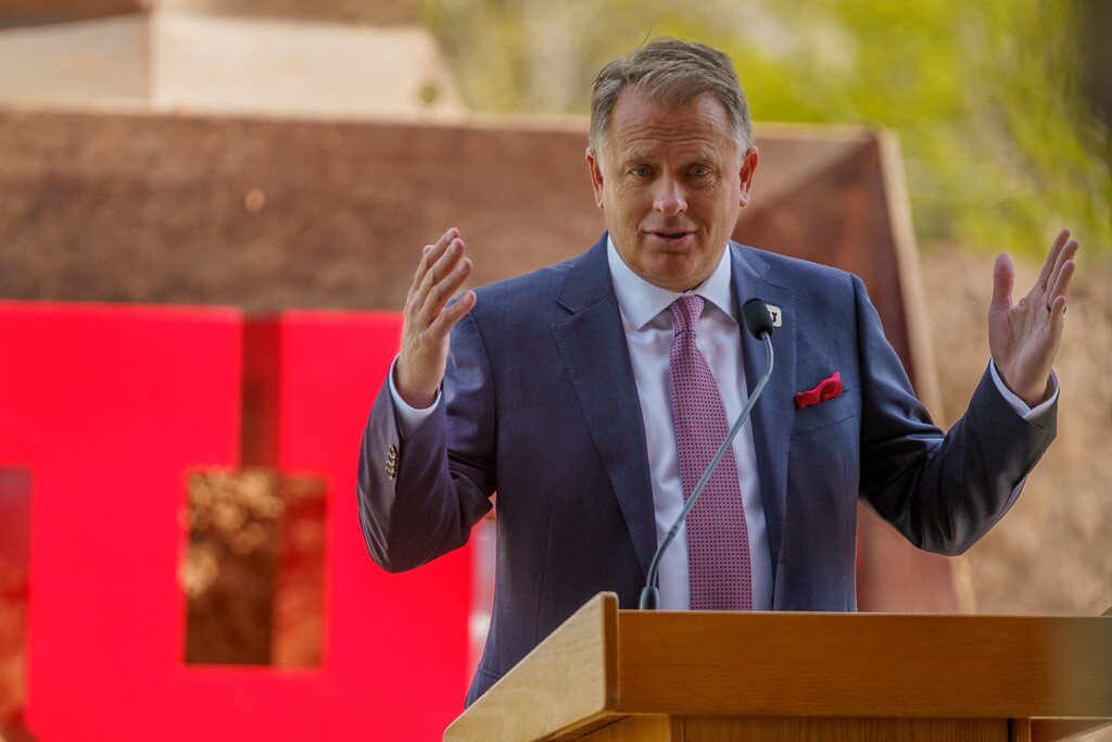(Trent Nelson  |  The Salt Lake Tribune) University of Utah President Taylor Randall at a groundbreaking ceremony in Salt Lake City on Friday, May 13, 2022. On March 24, 2025, Randall issued a memo to faculty saying a new law required a review of campus policy to limit their jurisdiction.