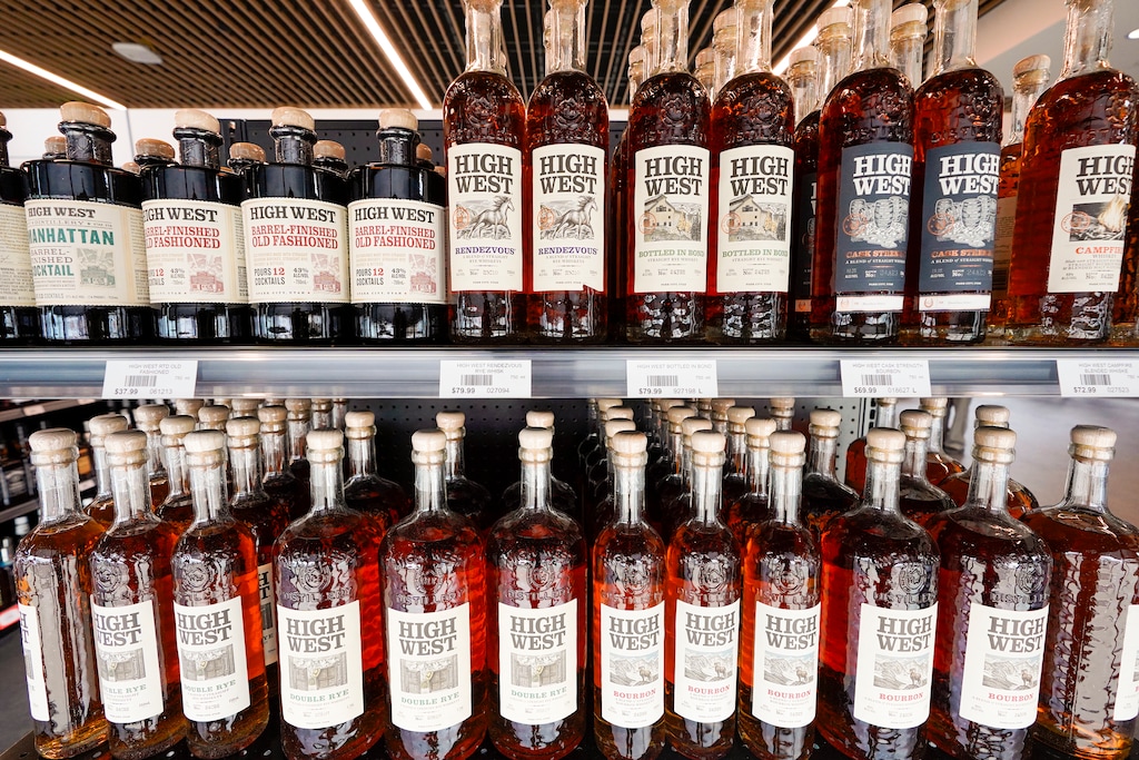 (Chris Samuels | The Salt Lake Tribune) Bottles of High West liquor on display at a state liquor store on Foothill Drive in Salt Lake City, Monday, March 31, 2025.