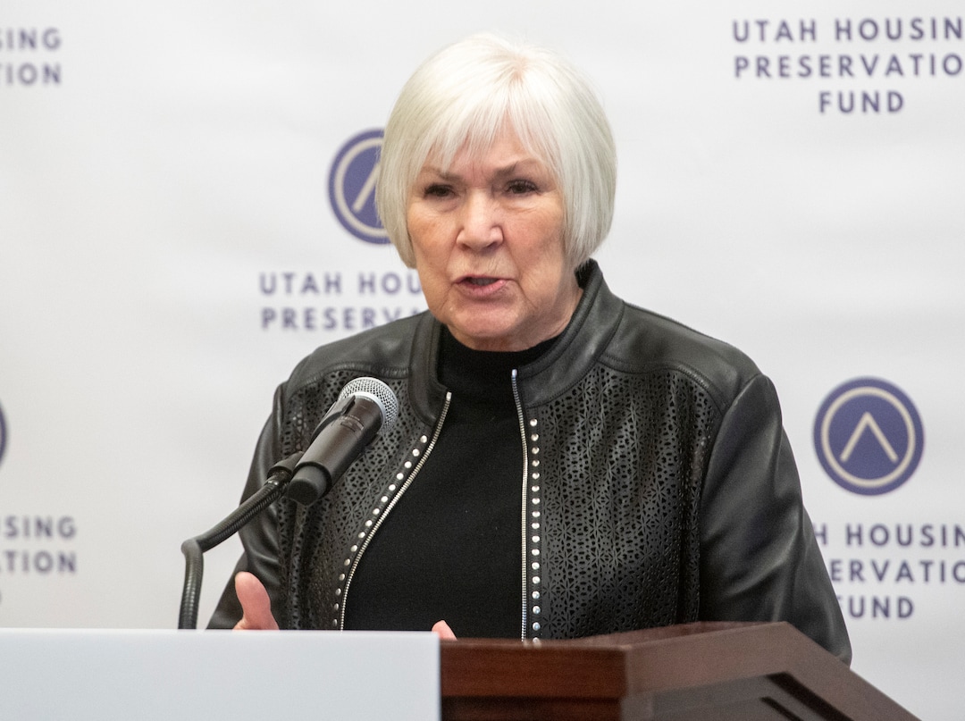 (Rick Egan  |  The Salt Lake Tribune)     Gail Miller, Board Chair, Intermountain Healthcare, talks about the $100 million private-sector driven effort to preserve affordable housing in Utah, at a news conference at the Utah State Capitol, Monday March 2, 2020