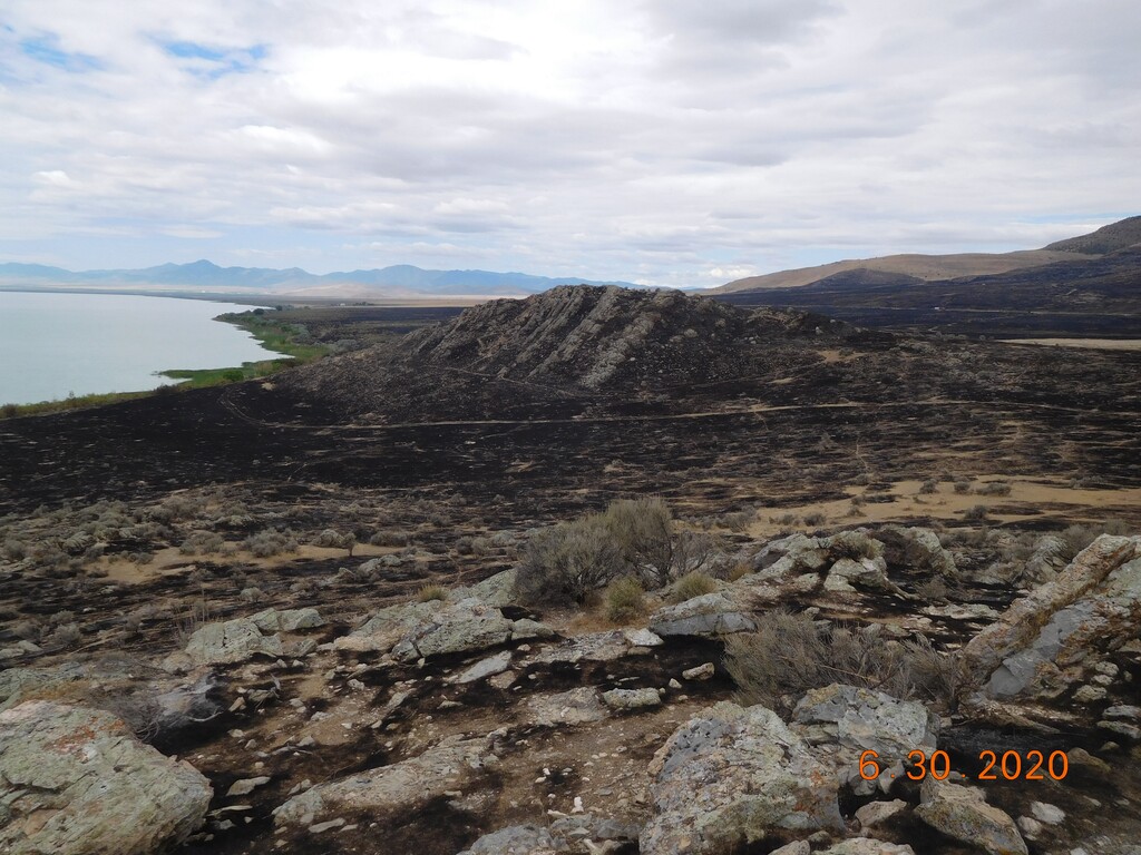 (Courtesy photo by Randy Griffin) The Smith Archaeological Preserve, pictured on the west shore of Utah Lake, burned June 28 after a motorist triggered a fire while allegedly trying to avoid a road closure associated with the Knolls Fire.