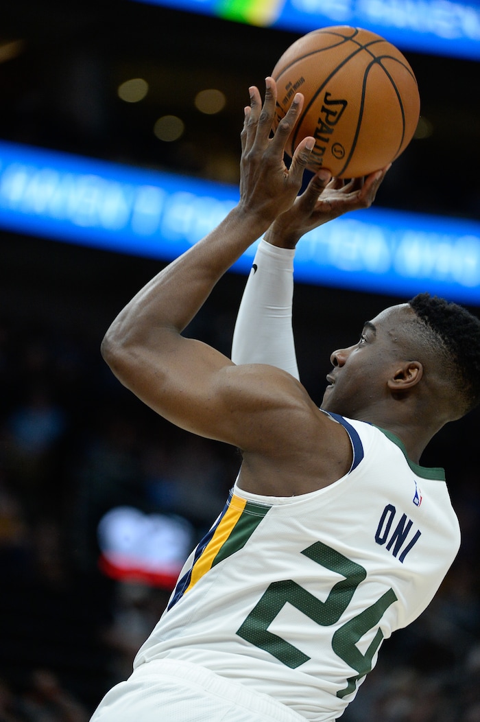 (Francisco Kjolseth  |  The Salt Lake Tribune)  Utah Jazz guard Miye Oni (24) puts in time in the final minutes as the Utah Jazz host the Portland Trailblazers in their NBA basketball game at Vivint Smart Home Arena in Salt Lake City on Wed. Oct. 16, 2019.