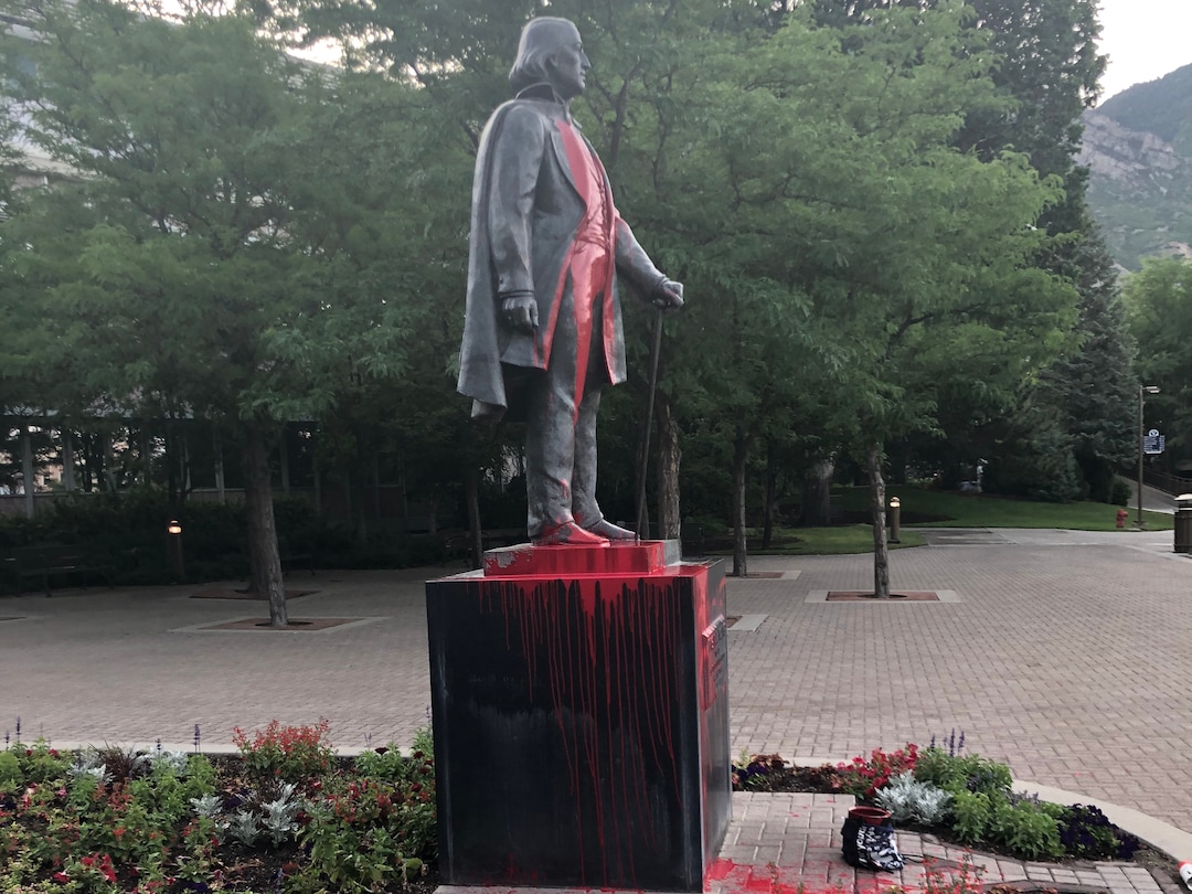 (Photo courtesy of BYU Police) Pictured is the statue of Brigham Young on campus that was painted red on June 14 or 15, 2020.