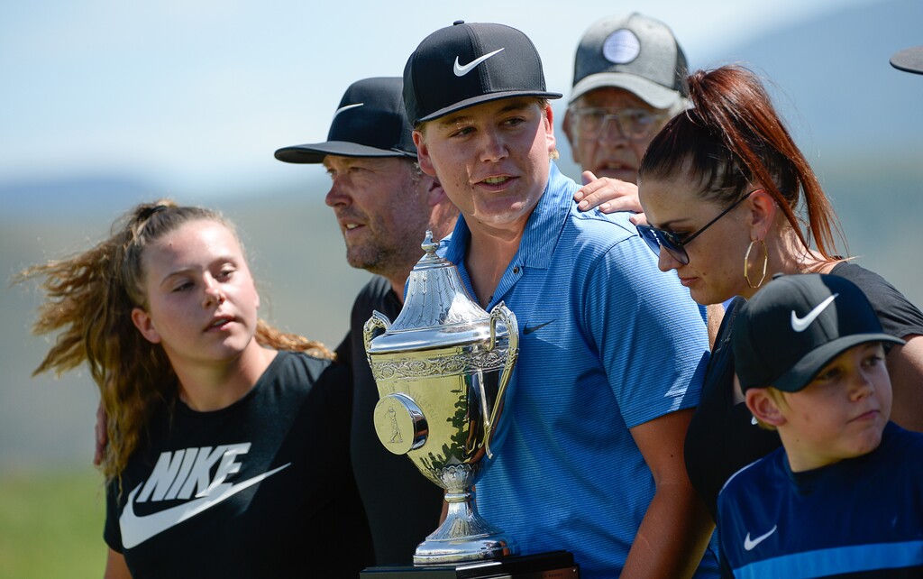 (Francisco Kjolseth | The Salt Lake Tribune) Surrounded by family, Preston Summerhays, 16, repeats as State Amateur golf champion at Soldier Hollow Golf Course on Saturday, July 13, 2019, beating Chase Lansford 7 and 6 in the final championship match.