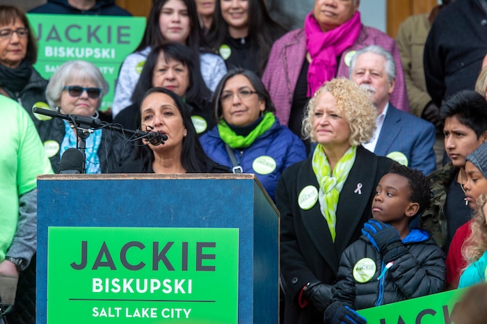 (Rick Egan  |  The Salt Lake Tribune)     Supporters gather on the east steps of the City Building, as Sheriff Rosie Rivera gives her support for Salt Lake City Mayor Jackie Biskupski as she launches her re-election campaign as she seeks a second term.
 Saturday, Feb. 9, 2019.


