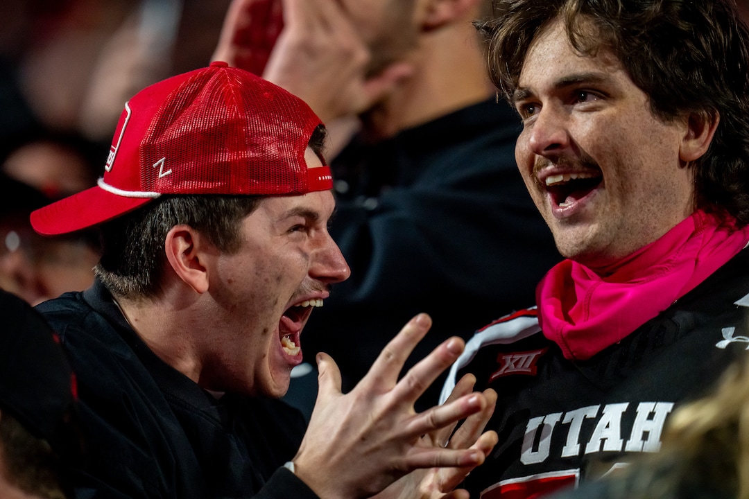 (Trent Nelson  |  The Salt Lake Tribune) Fans celebrate a 4th quarter turnover as Utah hosts Houston, NCAA football at Rice-Eccles Stadium in Salt Lake City on Saturday, Oct. 24, 2026.