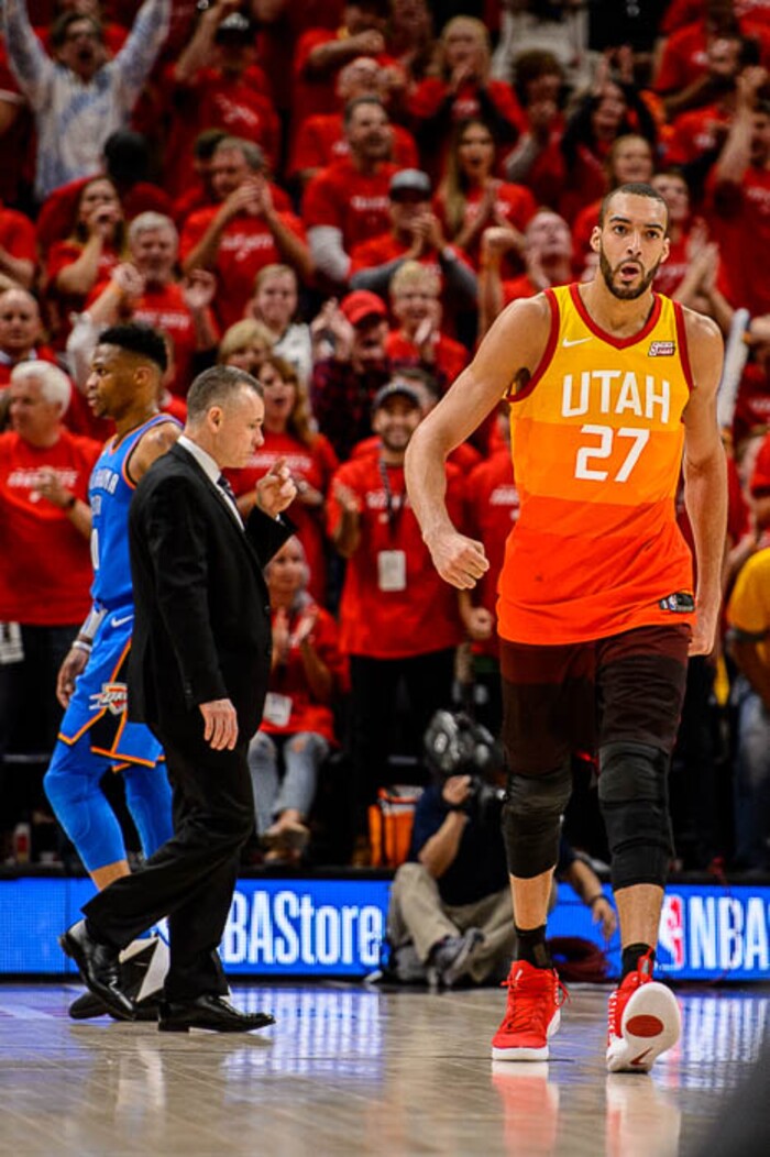 (Trent Nelson | The Salt Lake Tribune)  
Utah Jazz host the Oklahoma City Thunder, Game 3, NBA playoff basketball in Salt Lake City, Saturday April 21, 2018. Utah Jazz center Rudy Gobert (27) dunks to give the Jazz a twelve-point lead.