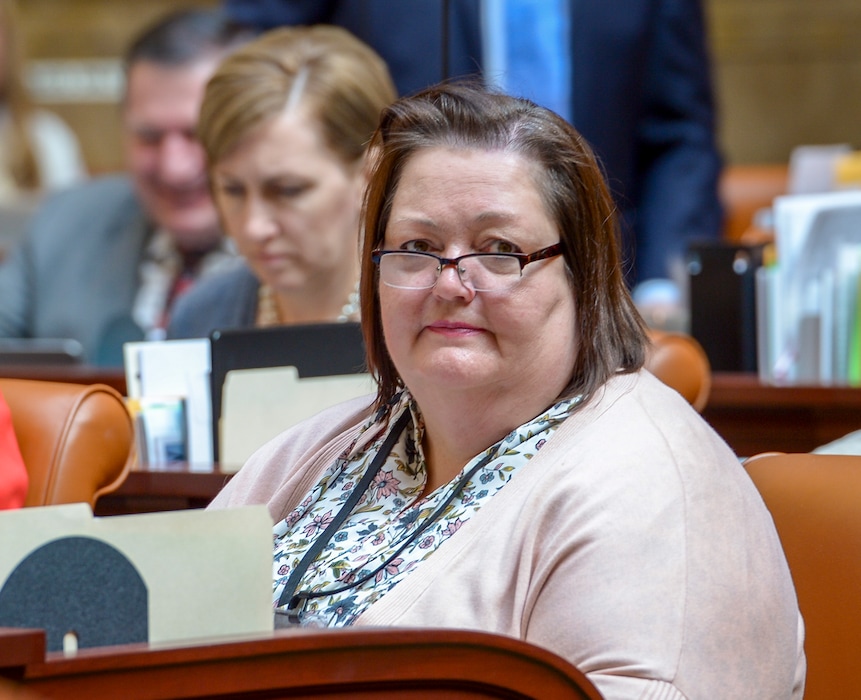 (Leah Hogsten  |  Tribune file photo)  Rep. Cheryl Acton during floor time on Friday, Feb. 22, 2019. Acton's bill to ban elective abortions after 18 weeks gestation advanced out of the House on Tuesday.