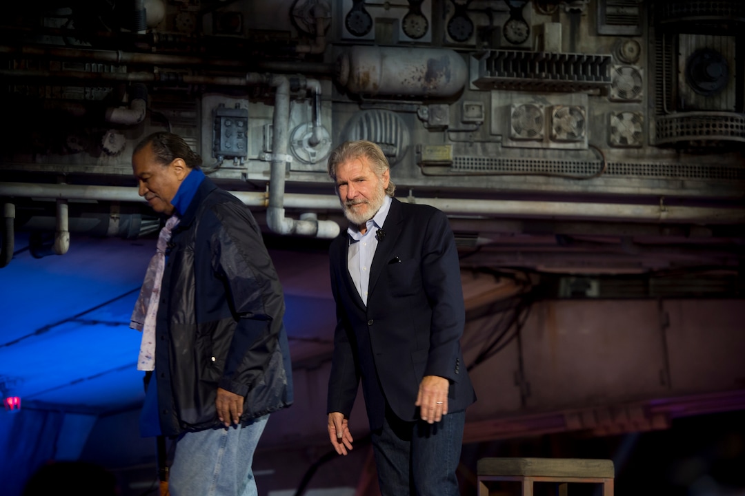 (Jeremy Harmon  |  The Salt Lake Tribune) Billy Dee Williams and Harrison Ford leave the stage following the dedication ceremony for Star Wars: Galaxy's Edge in Anaheim, Ca. on Wednesday, May 29, 2019. Behind them is the Millennium Falcon.