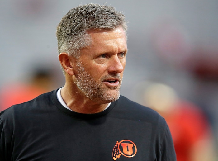 Utah head coach Kyle Whittingham in the first half during an NCAA college football game against Arizona, Friday, Sept. 22, 2017, in Tucson, Ariz. (AP Photo/Rick Scuteri)