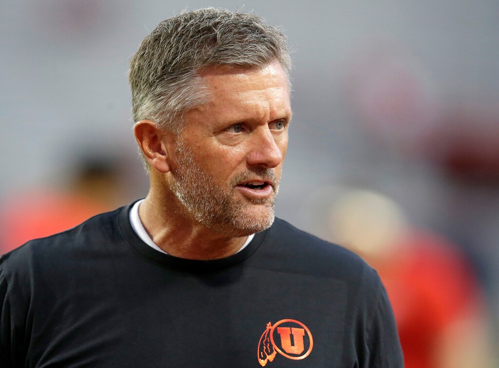 Utah head coach Kyle Whittingham in the first half during an NCAA college football game against Arizona, Friday, Sept. 22, 2017, in Tucson, Ariz. (AP Photo/Rick Scuteri)