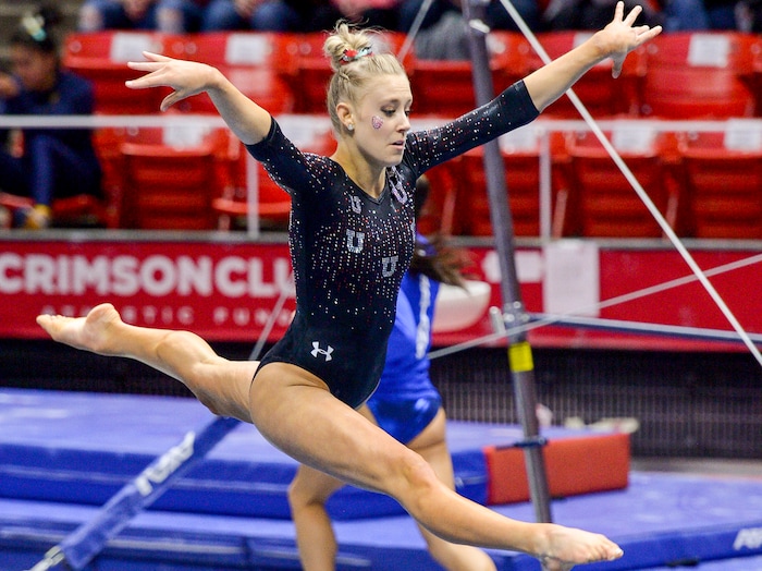 (Leah Hogsten  |  The Salt Lake Tribune)   MaKenna Merrell-Giles scored a 9.95 on her floor routine.  The fourth-ranked Utes compete against No. 9 California, No. 16 Auburn, No. 21 Brigham Young, Stanford and Southern Utah, during the the NCAA Regional Championships, Saturday, April 7, 2018 at the Huntsman Center. The top two teams advance to the NCAA Championships April 20-21 in St. Louis.Saturday, April 7, 2018, 