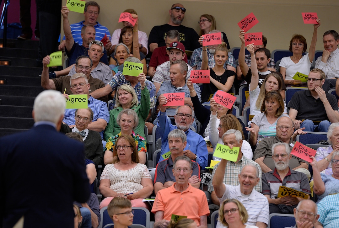(Scott Sommerdorf   |  The Salt Lake Tribune)   
The crowd reacted as Congressman Rob Bishop addressed a question about public lands during his town hall meeting held at Layton Christian Academy in Layton, Utah, Friday, August 25, 2017.
