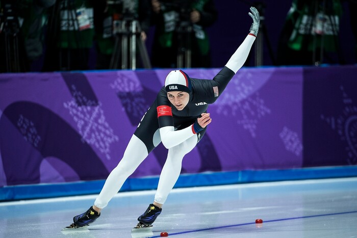 (Chris Detrick  |  The Salt Lake Tribune)  USA's Heather Bergsma races during the Ladies' 500m at the Gangneung Oval during the Pyeongchang 2018 Winter Olympics Sunday, Feb. 18, 2018. Bergsma finished in 11th place with a time of 38.13. 