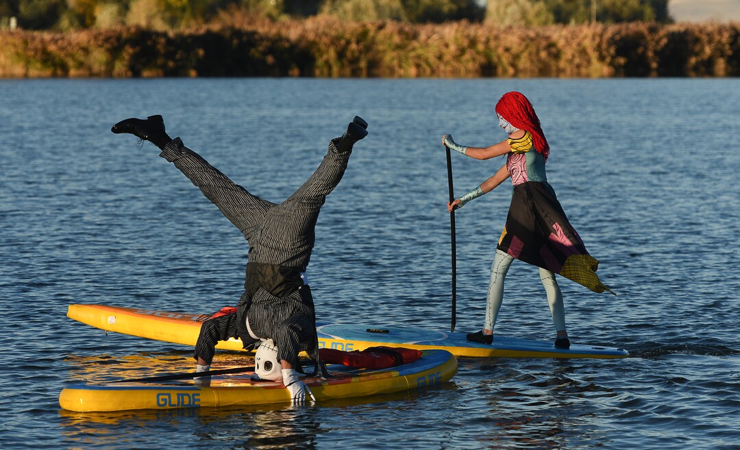 (Francisco Kjolseth  |  The Salt Lake Tribune)  Stand up paddle board enthusiasts Chris Knoles and Roxy Christensen take to the water at Bountiful Pond on Tuesday, Oct. 30, 2018, in what has become a Halloween tradition for the 4th year in a row as they dress up this year as Jack and Sally Skellington from the movie Nightmare Before Christmas. "We paddle year round but actually paddle more in the winter," exclaimed Knoles, who carry the tradition on at Christmas, dressing up in something festive and paddling on the Great Salt Lake where the high salinity usually keeps the water from freezing.