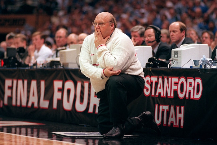 (Steve Griffin  |  Tribune file photo)  Coaching in his first Final Four, Utah head coach Rick Majerus watches his team play the 1998 championship game against Kentucky at the Alamodome in San Antonio, Texas.