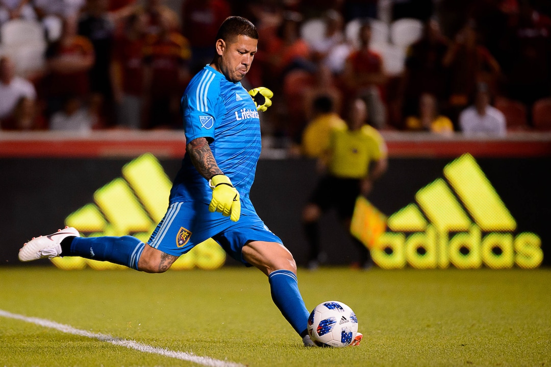 (Trent Nelson | The Salt Lake Tribune) Real Salt Lake's Nick Rimando kicks the ball during a game against FC Dallas at Rio Tinto Stadium in Sandy, Saturday July 7, 2018.