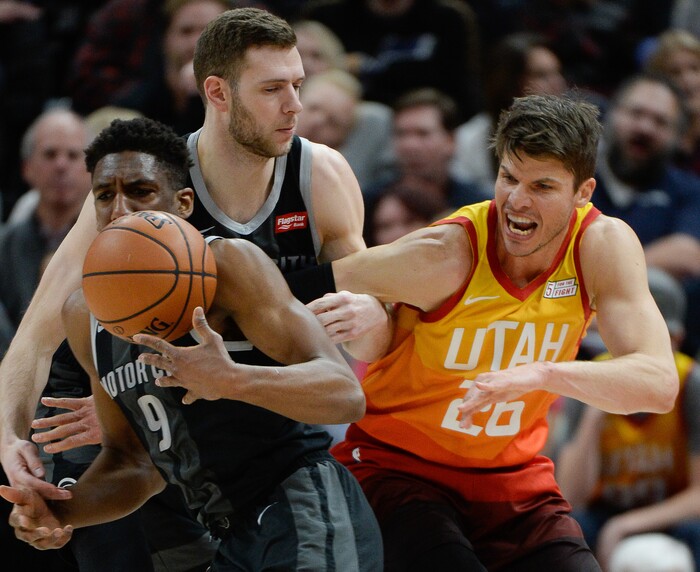 (Francisco Kjolseth  |  The Salt Lake Tribune)  Utah Jazz guard Kyle Korver (26) puts the pressure on Detroit Pistons guard Langston Galloway (9) in the first half of their NBA game at Vivint Smart Home Arena Monday, Jan. 14, 2019, in Salt Lake City.