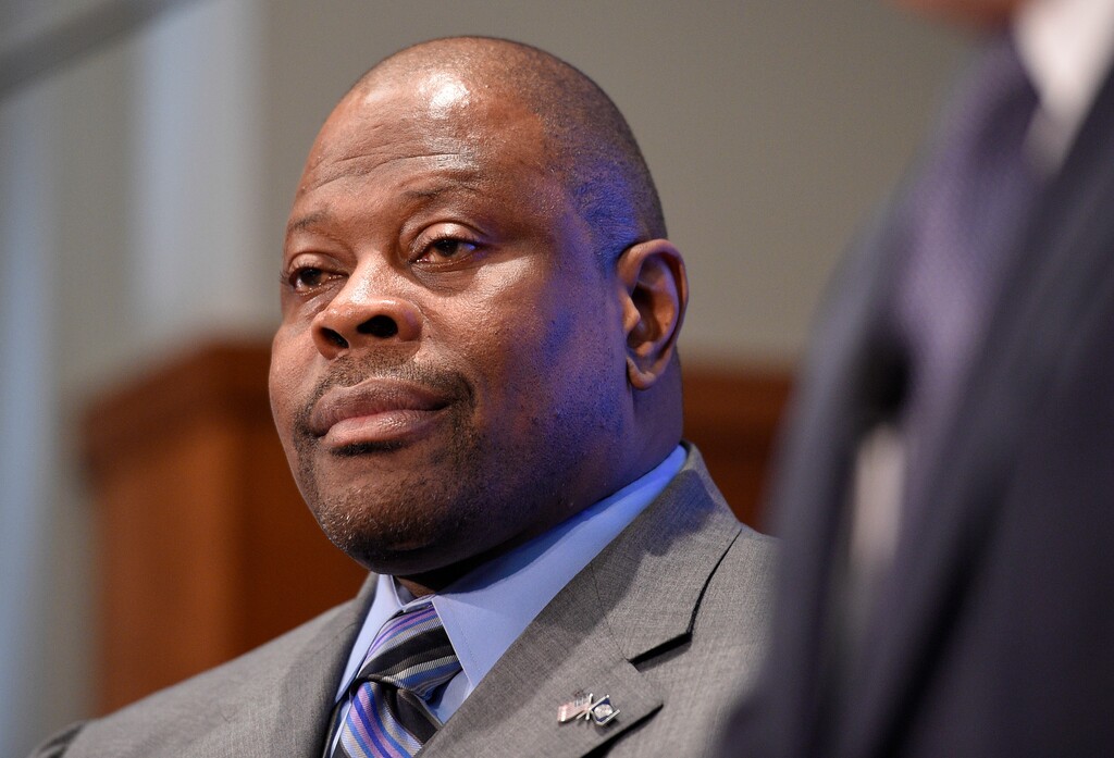 Georgetown's new men's basketball head coach Patrick Ewing listens at an NCAA college basketball press conference to formally announce his hiring, Wednesday, April 5, 2017, in Washington. (AP Photo/Nick Wass)