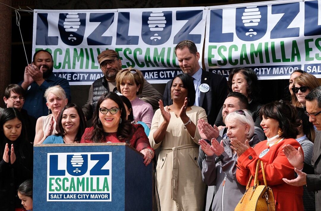 (Francisco Kjolseth  |  The Salt Lake Tribune)  Salt Lake City Sen. Luz Escamilla launches her official campaign for city mayor from the steps of the Salt Lake City and County building on Tuesday, March 26, 2019. As the city grows and becomes more diverse, Escamilla says she would represent a number of overlooked communities, including the Latino population and the city’s west side. If elected, she would likely be the first ethnic minority mayor of Salt Lake City and would be only the third woman to hold the position.