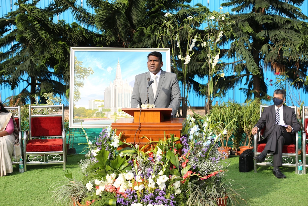 (Photo courtesy of The Church of Jesus Christ of Latter-day Saints) President NithyaKumar Sunderraj, president of the Bengaluru India Stake (a group of congregations), speaks Wednesday, Dec. 2, 2020, at the groundbreaking for the Bengaluru Temple.