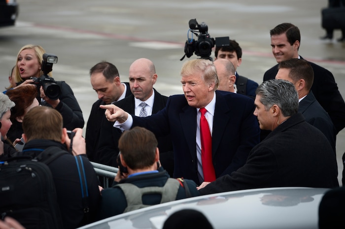 (Scott Sommerdorf   |  The Salt Lake Tribune)   President Trump visits with a crowd of admirers after he arrived in Salt Lake City, Monday, December 4, 2017.  