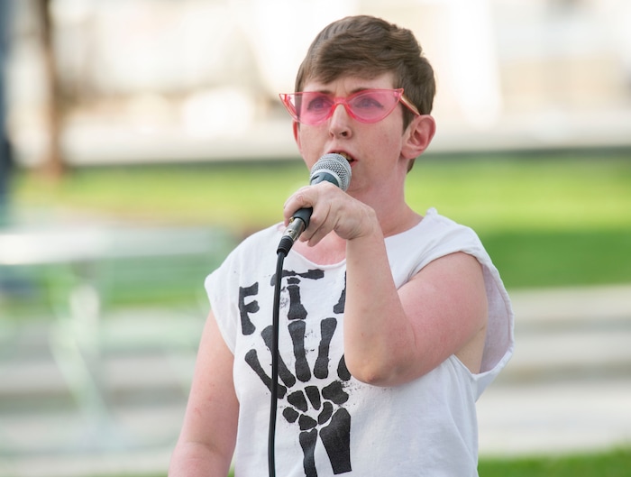 (Rick Egan  |  The Salt Lake Tribune)     disabled rights advocate Psarah Johnson, talks about her experience with the police at the Inland Port protest, during a rally sponsored by Utah Against Police Brutality, Tuesday, July 23, 2019.