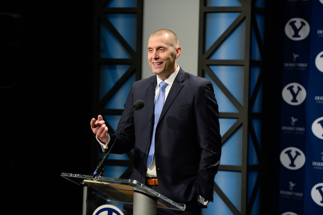 (Francisco Kjolseth  |  The Salt Lake Tribune)  BYU announces Mark Pope as its new head basketball coach during a press event at the BYU broadcasting building on Wed. April 10, 2019.