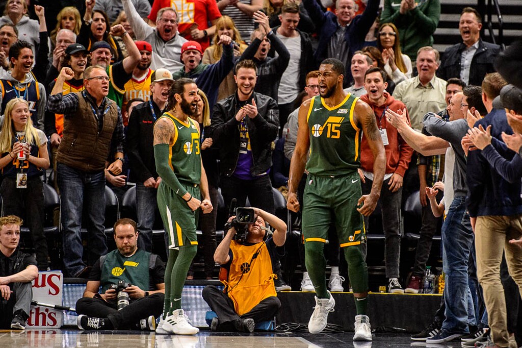 (Trent Nelson | The Salt Lake Tribune)  Utah Jazz forward Derrick Favors (15) reacts after dunking the ball as the Utah Jazz host the Milwaukee Bucks, NBA basketball in Salt Lake City on Saturday March 2, 2019.