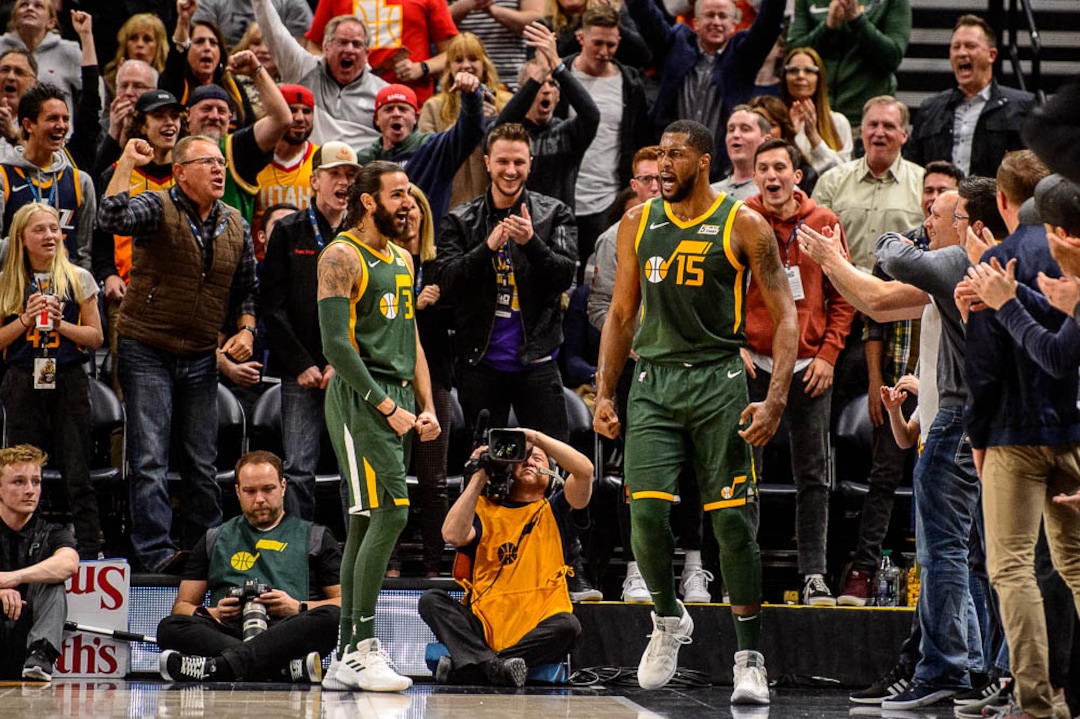 (Trent Nelson | The Salt Lake Tribune)  Utah Jazz forward Derrick Favors (15) reacts after dunking the ball as the Utah Jazz host the Milwaukee Bucks, NBA basketball in Salt Lake City on Saturday March 2, 2019.