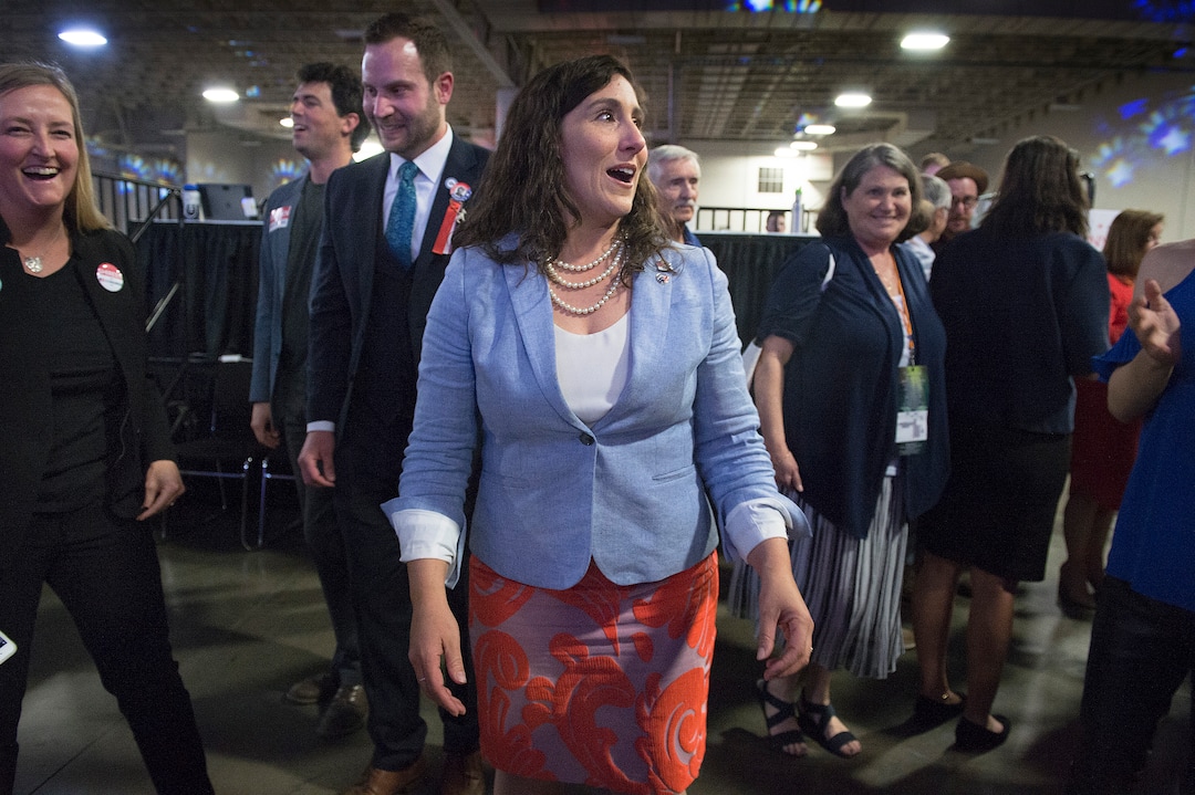 (Scott Sommerdorf | The Salt Lake Tribune)
Shireen Ghorbani reacts to her Congressional district 2 win at the Democratic convention, Saturday, April 28, 2018 at the Salt Palace Convention Center in Salt Lake City, Utah.