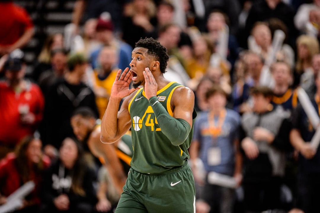 (Trent Nelson | The Salt Lake Tribune)  Utah Jazz guard Donovan Mitchell (45) as the Utah Jazz host the Milwaukee Bucks, NBA basketball in Salt Lake City on Saturday March 2, 2019.