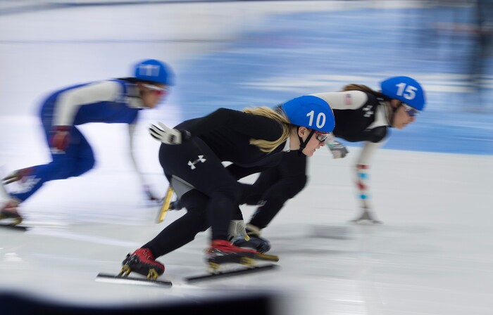 (Scott Sommerdorf   |  The Salt Lake Tribune)   
Corinne Stoddard during day 3 of the U.S. short-track Olympic Team Trials at the Utah Olympic Oval, Sunday, December 17, 2017.  
