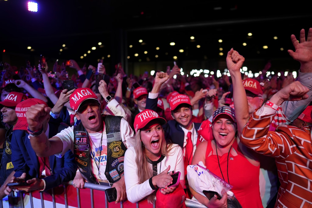 (Doug Mills | The New York Times) Supporters of Donald Trump react after Fox News called the presidential race for Trump during an election night event at the Palm Beach County Convention Center in West Palm Beach, Fla., on Wednesday, Nov. 6, 2024.