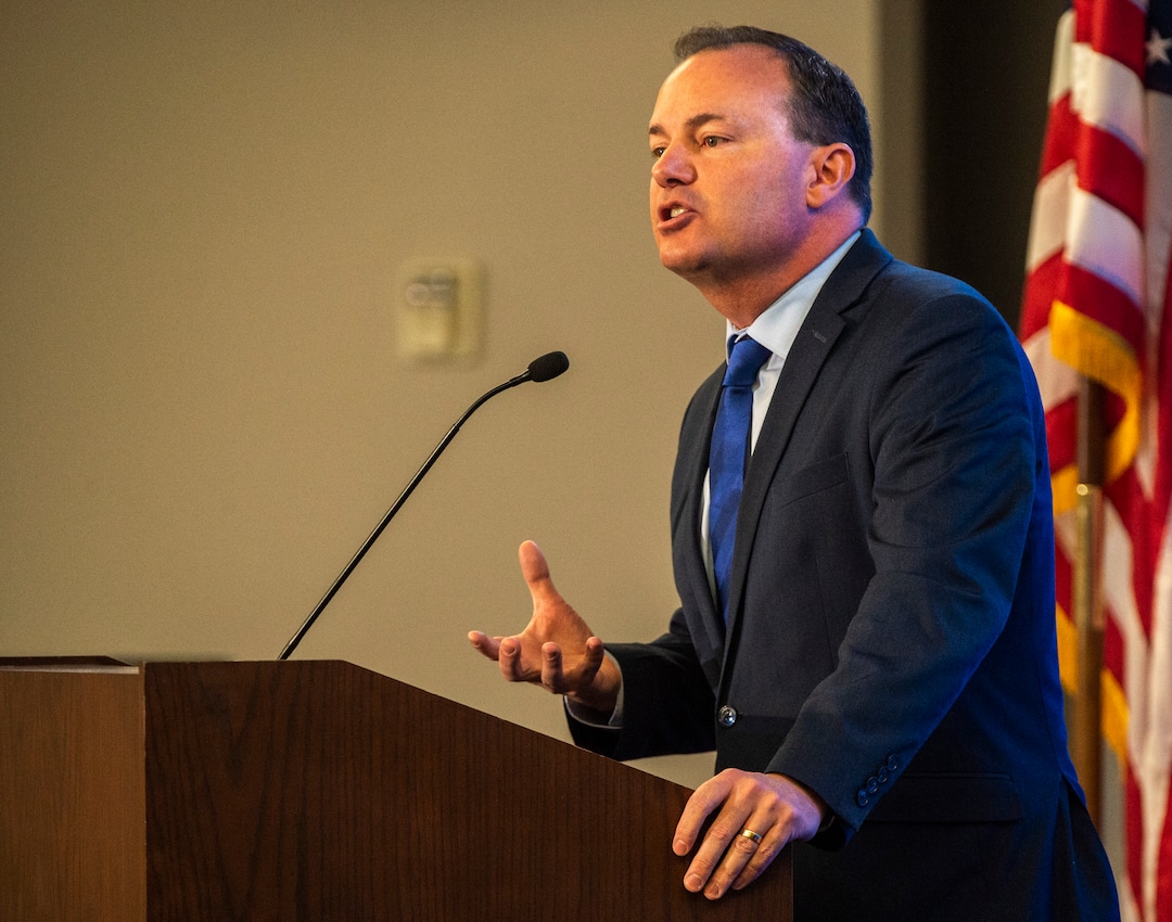 (Rick Egan  |  The Salt Lake Tribune)     Sen. Mike Lee speaks at the Utah Eagle Forum Convention, in Sandy, Saturday, Jan. 11, 2020.