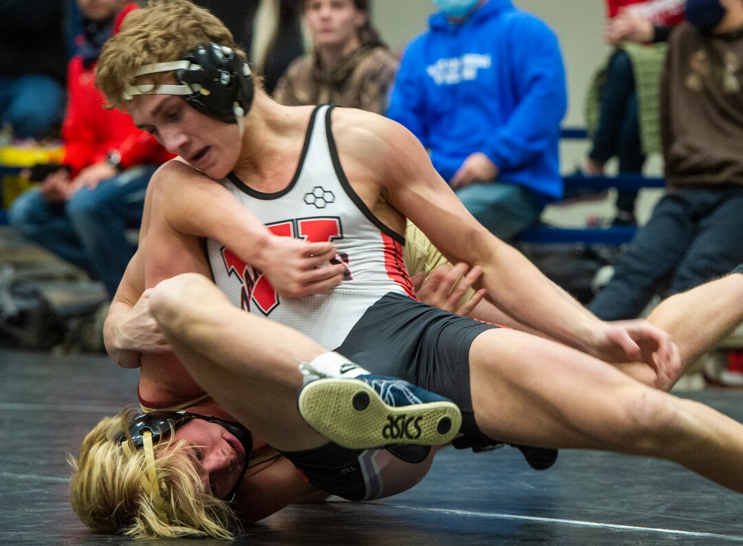 (Rick Egan | The Salt Lake Tribune)  Channing Warner (Juab) Wrestles Drew Lang (West) in the138 division at the High School All Star wrestling event in Orem, on Tuesday, Jan. 12, 2021.