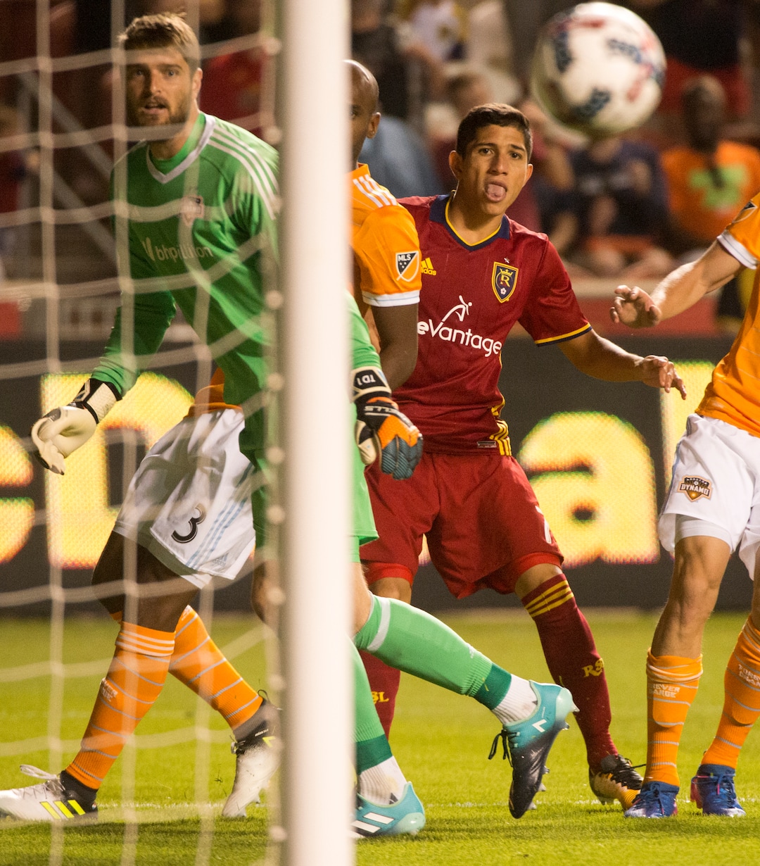 (Rick Egan  |  The Salt Lake Tribune)  Real Salt Lake forward Jefferson Savarino (7) watches as his shot just misses the goal, in MLS action, Real Salt Lake Vs. Houston Dynamo, in Sandy, Saturday, August 5, 2017.