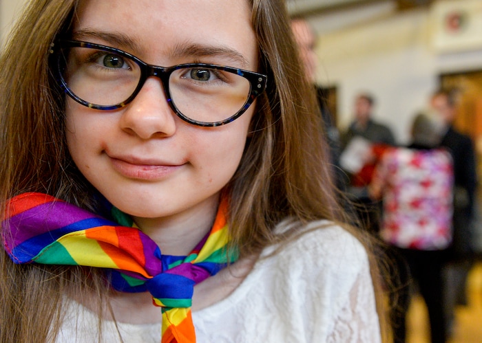 Leah Hogsten | The Salt Lake Tribune Eireann Kummer, 13, was given a rainbow scarf to wear while playing bells in the choir Sunday. Rev. Rusty Butler and the congregation at Christ United Methodist Church were awash in rainbows during Sunday services, March 3, 2019 in a show of solidarity for its LGBTQ members. Last week in St. Louis, international delegates for the UMC voted to continue the faith’s ban on same-sex weddings and ordination of LGBTQ clergy. Many pastors and congregations in Utah and the U.S. were disappointed by the vote, which could ultimately cause a split in the ranks.