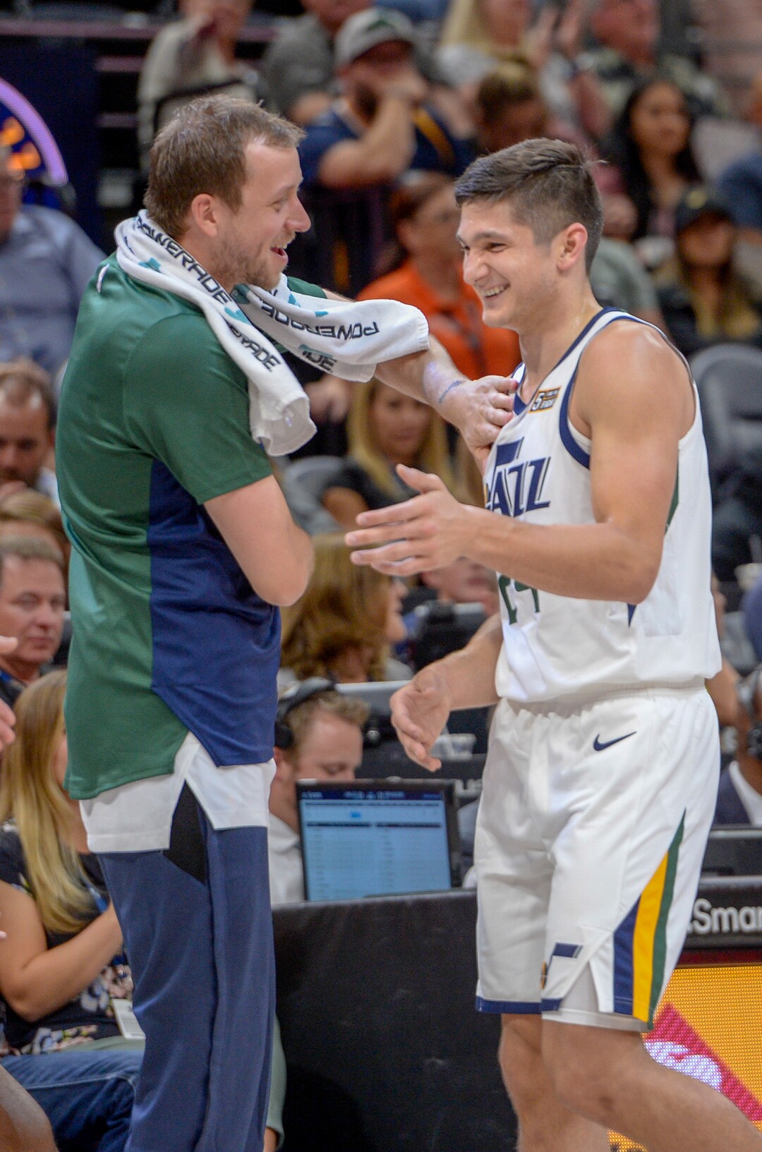 Leah Hogsten  |  The Salt Lake Tribune  Utah Jazz guard Grayson Allen (24) is all smiles with Utah Jazz forward Joe Ingles (2) after leaving the court during a timeout as the Utah Jazz host the Perth Wildcats, Sept. 29, 2018 at Vivint Smart Home Arena.