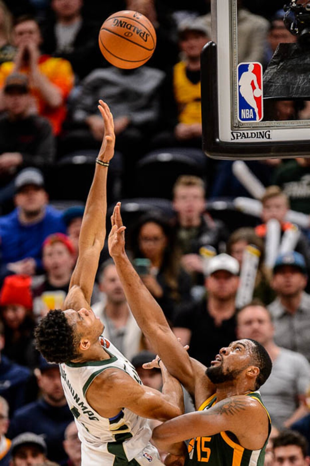 (Trent Nelson | The Salt Lake Tribune)  Utah Jazz forward Derrick Favors (15) defending Milwaukee Bucks forward Giannis Antetokounmpo (34) as the Utah Jazz host the Milwaukee Bucks, NBA basketball in Salt Lake City on Saturday March 2, 2019.