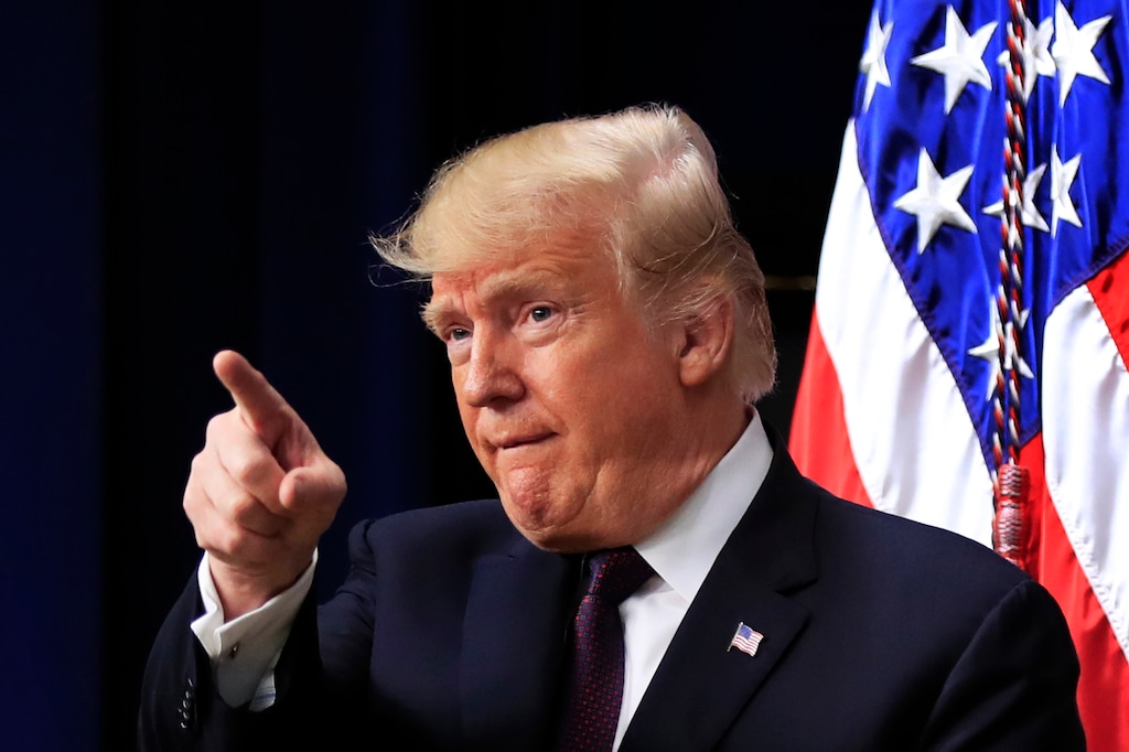 President Donald Trump acknowledges applause as speaks during a conference supporting veterans and military families through partnership at the Eisenhower Executive Office Building on the White House complex in Washington, Thursday, Nov. 15, 2018. (AP Photo/Manuel Balce Ceneta)
