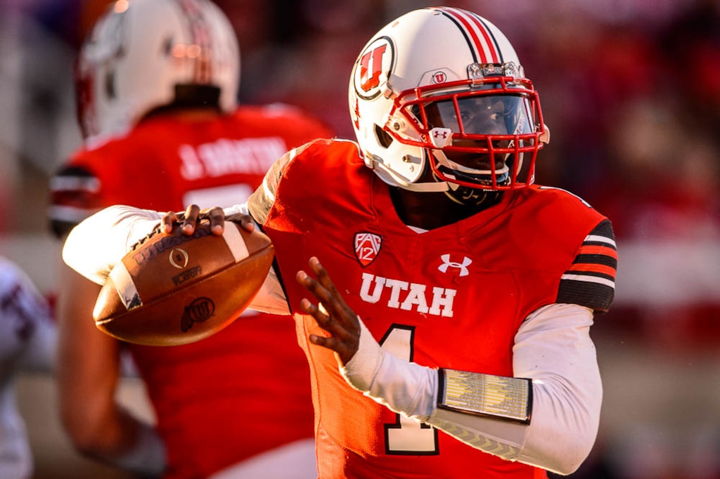 (Trent Nelson | The Salt Lake Tribune)  Utah Utes quarterback Tyler Huntley (1) as the University of Utah hosts Washington State, NCAA football in Salt Lake City, Saturday November 11, 2017.