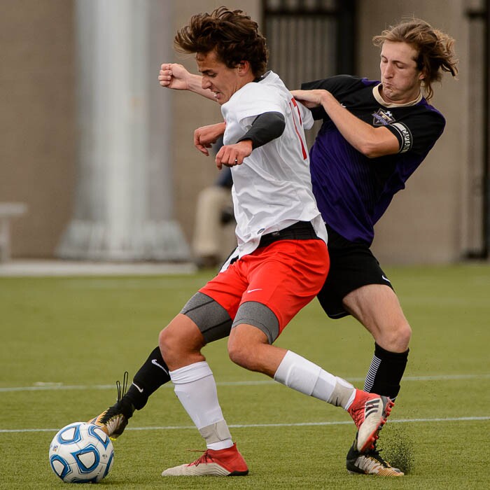 (Trent Nelson | The Salt Lake Tribune)  Desert Hills vs. Park City High School, Saturday May 12, 2018. Park City's Jacob Farnsworth (17) and Desert Hills's Kaler Imlay.
