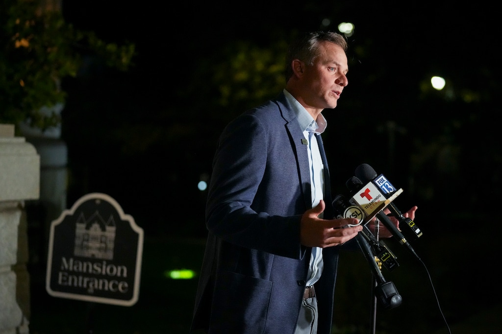 (Bethany Baker | The Salt Lake Tribune) Republican Rep. Blake Moore speaks at the governor's mansion on election night in Salt Lake City on Tuesday, Nov. 5, 2024.