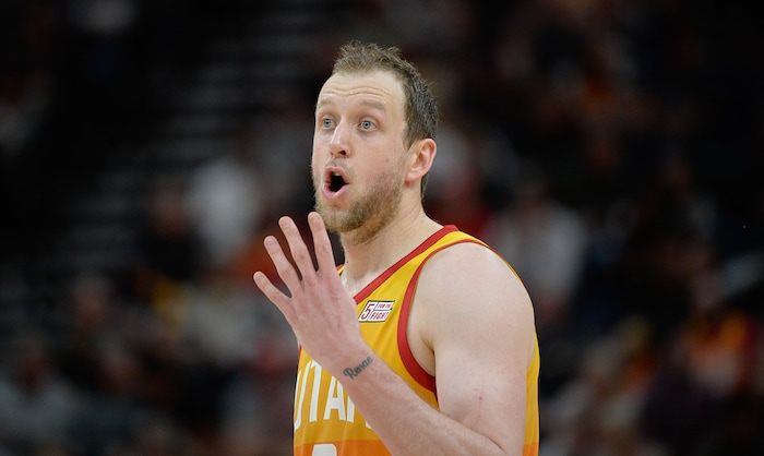 (Francisco Kjolseth  |  The Salt Lake Tribune)  Utah Jazz forward Joe Ingles (2) confers with teammates as the Utah Jazz host the Denver Nuggets in their NBA game at Vivint Smart Home Arena Tuesday, April 9, 2019, in Salt Lake City.