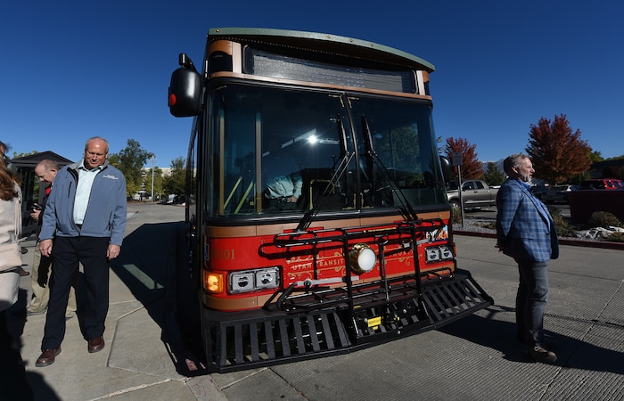 (Francisco Kjolseth | Francisco Kjolseth) UTA unveils a new historic-style trolley bus at the Layton Frontrunner station on Monday, Oct. 15, 2018, that will operate for free on Route 628 in Layton.