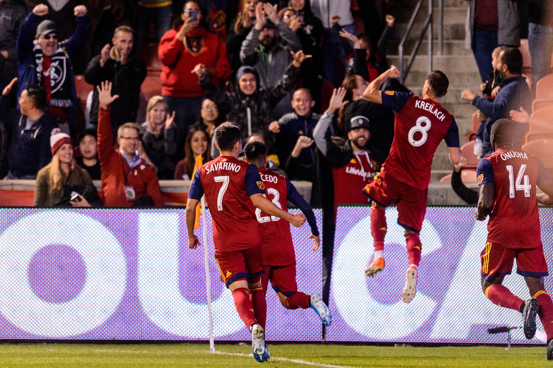(Trent Nelson  |  The Salt Lake Tribune)  Real Salt Lake midfielder Damir Kreilach (8) celebrates a goal as Real Salt Lake hosts the San Jose Earthquakes, MLS soccer at Rio Tinto Stadium in Sandy on Wednesday Sept. 11, 2019.