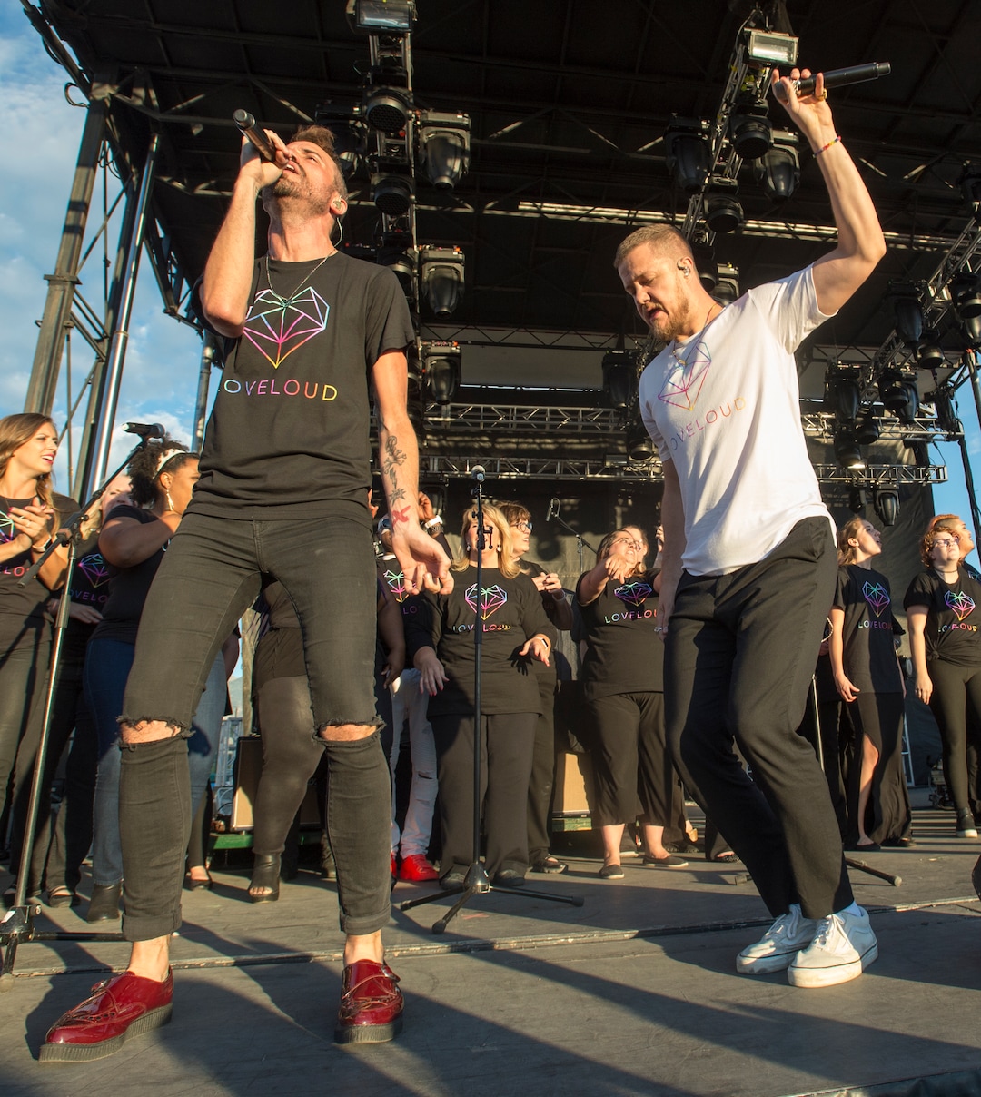 (Rick Egan  |  The Salt Lake Tribune)  Tyler Glenn, Neon Trees, and Dan Reynolds, Imagine Dragons perform a song together, at the LoveLoud Festival at Brent Brown Ballpark at UVU campus, Saturday, August 26, 2017.