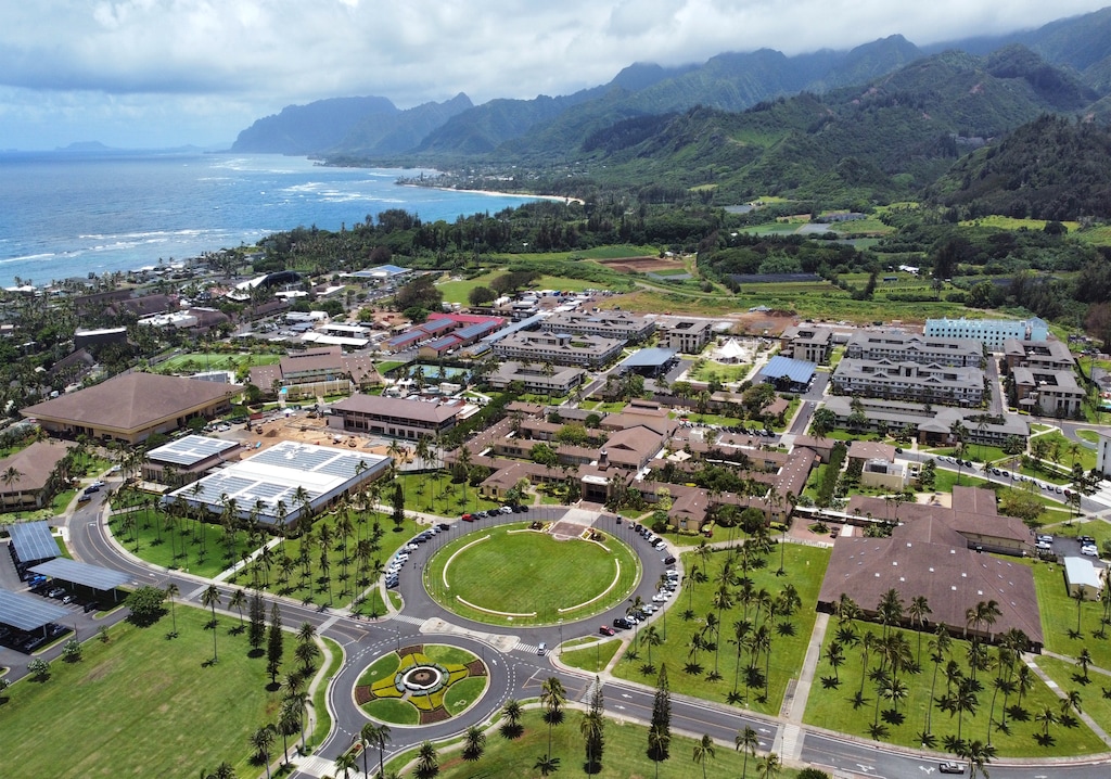(The Church of Jesus Christ of Latter-day Saints) An aerial view of BYU–Hawaii in Laie, Oahu, in March 2025. The university’s website lists Tonga, a majority Latter-day Saint country, second among the top 10 nations represented within its student body.